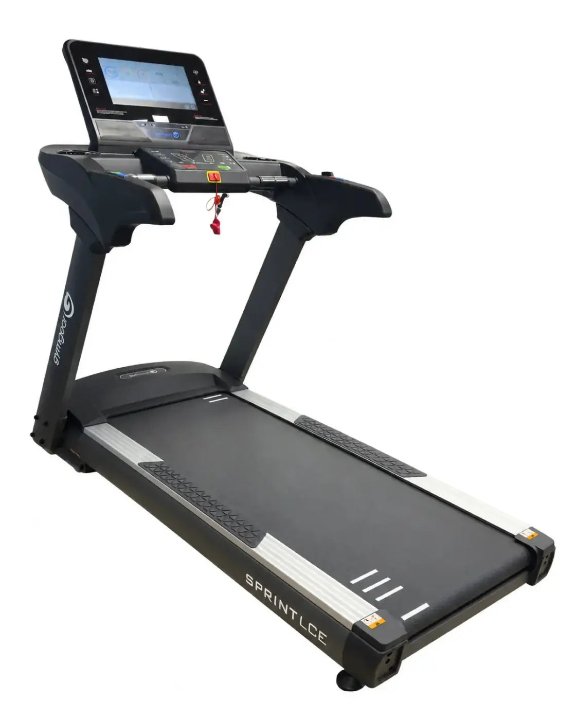 Black and silver sprint LCE light commercial treadmill with 16 inch touchscreen and zwift compatible display screen