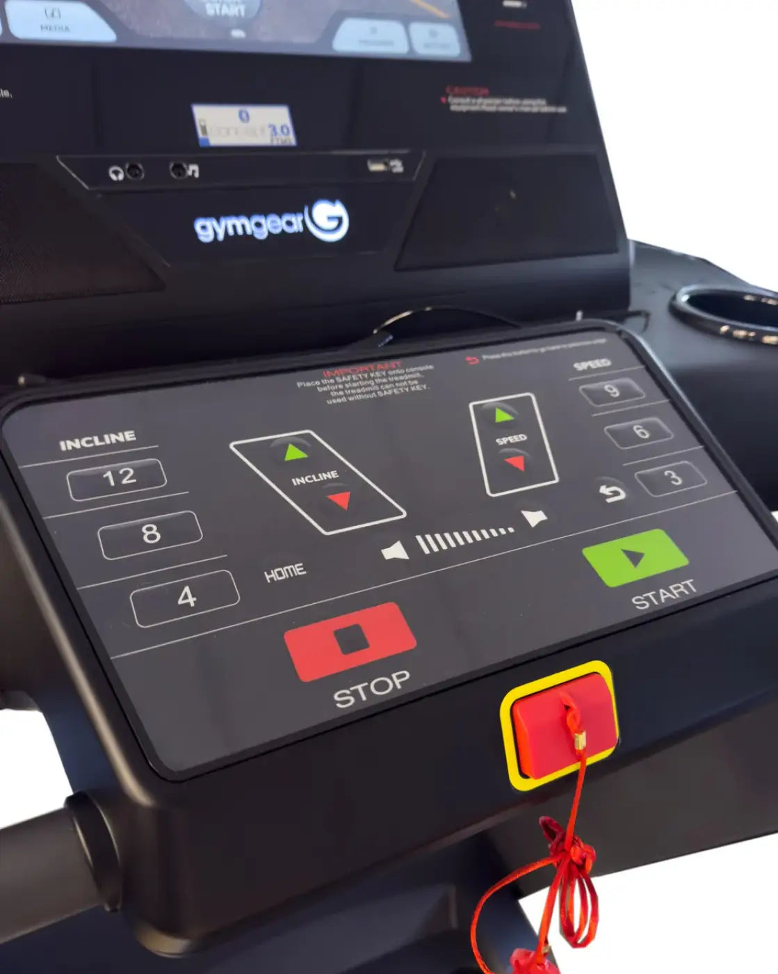 Black gymgear sprint lce light commercial treadmill console with illuminated buttons and red emergency stop button