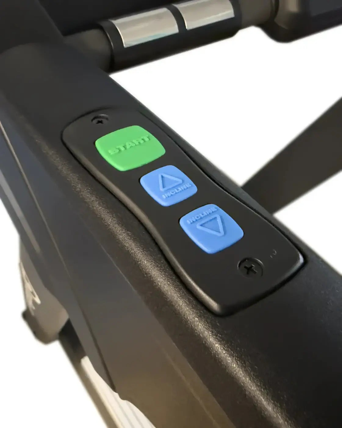 Black treadmill control panel with green ’start’ button and two blue triangular buttons for incline adjustment.