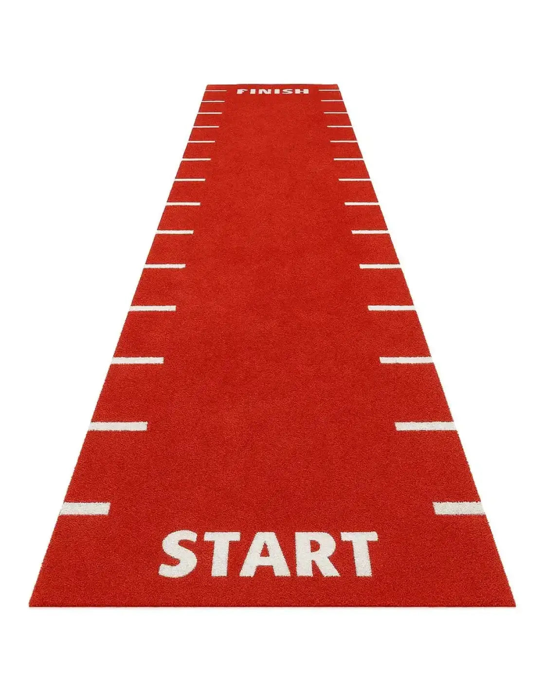 Red sprint track running mat with white start finish and 0.5 meter line markings built for home use