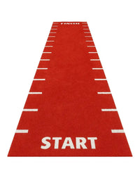 Red sprint track running mat with white start finish and 0.5 meter line markings built for home use