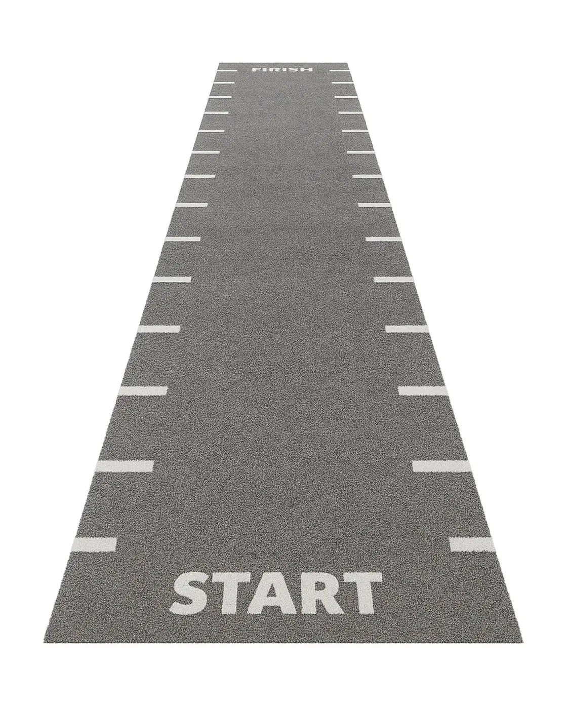 Gray textured sprint track mat with white start and finish markings and dashed lane lines built for home use