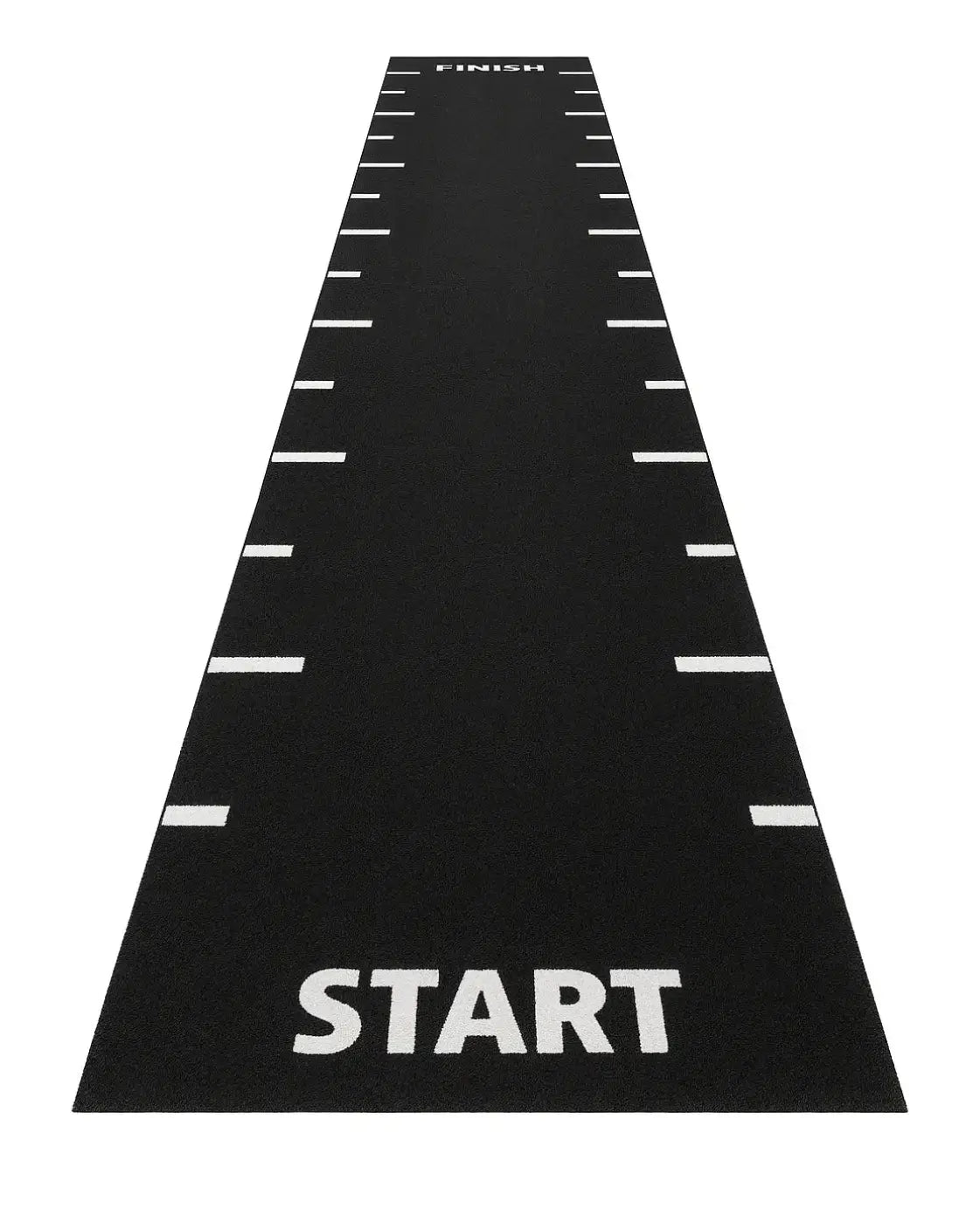 Black sprint track mat with white start finish and 0.5 meter line markings built for home use