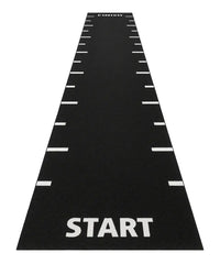 Black sprint track mat with white start finish and 0.5 meter line markings built for home use