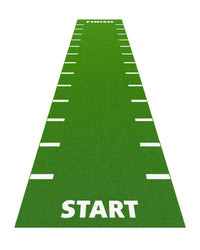 Green football field sprint track mat with white start finish and 0.5 meter yard line markings built for home use