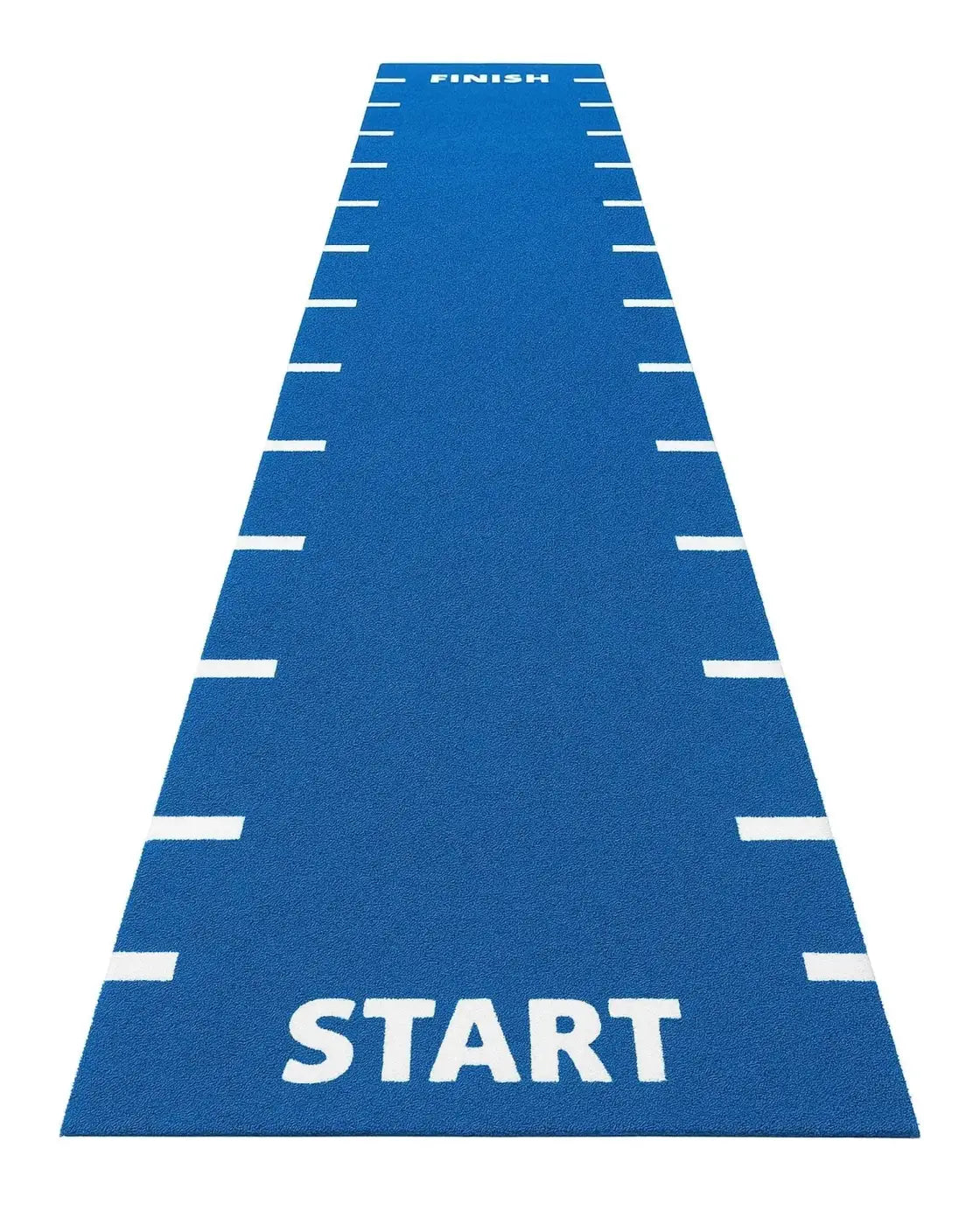 Blue sprint track mat with start finish and 0.5 meter line markings built for home use