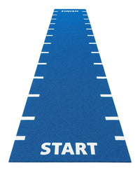 Blue sprint track mat with start finish and 0.5 meter line markings built for home use