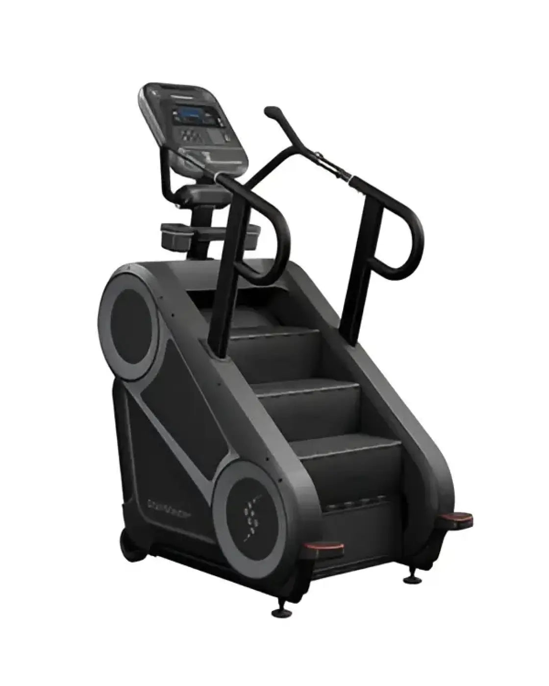 Black and gray StairMaster Gauntlet 8Gx stair climber with digital display, ergonomic handrails, and adjustable steps for home gym use