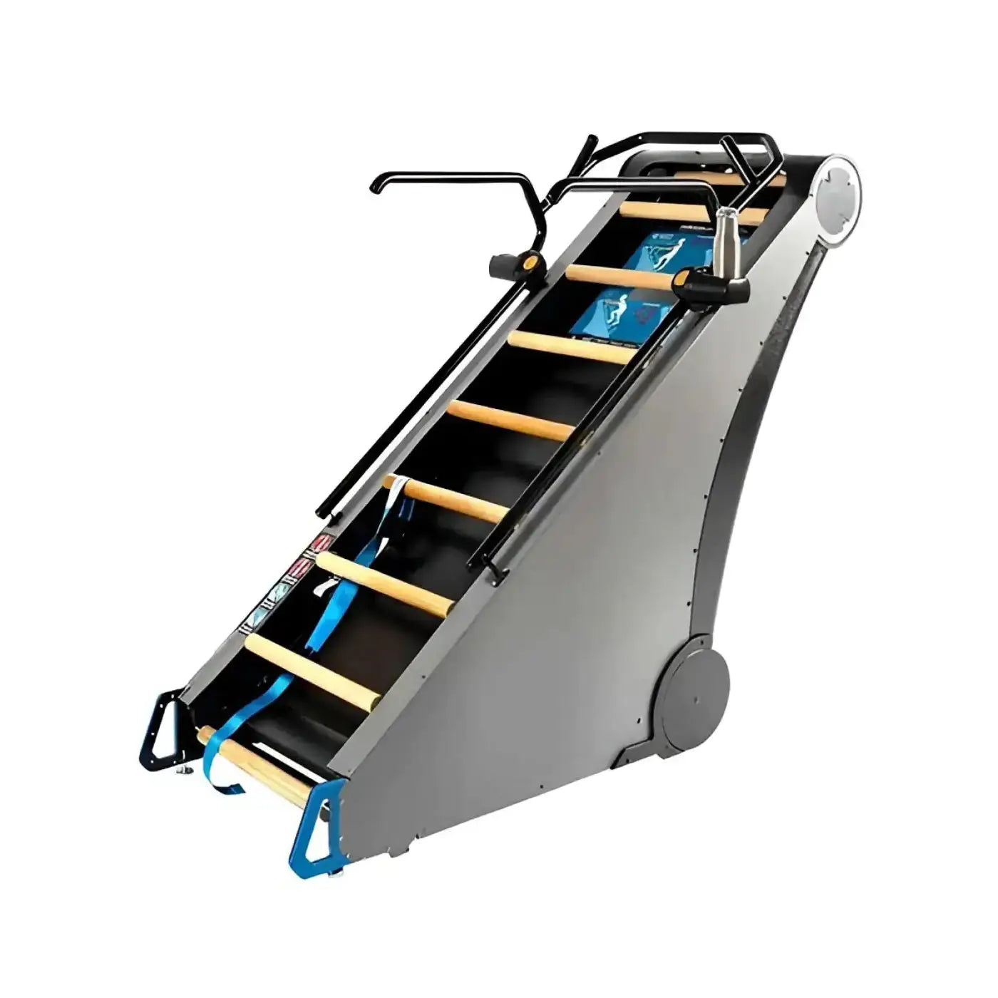 Gray metal StairMaster Jacobs Ladder X stair climber with wooden steps and blue safety straps shown from the back side
