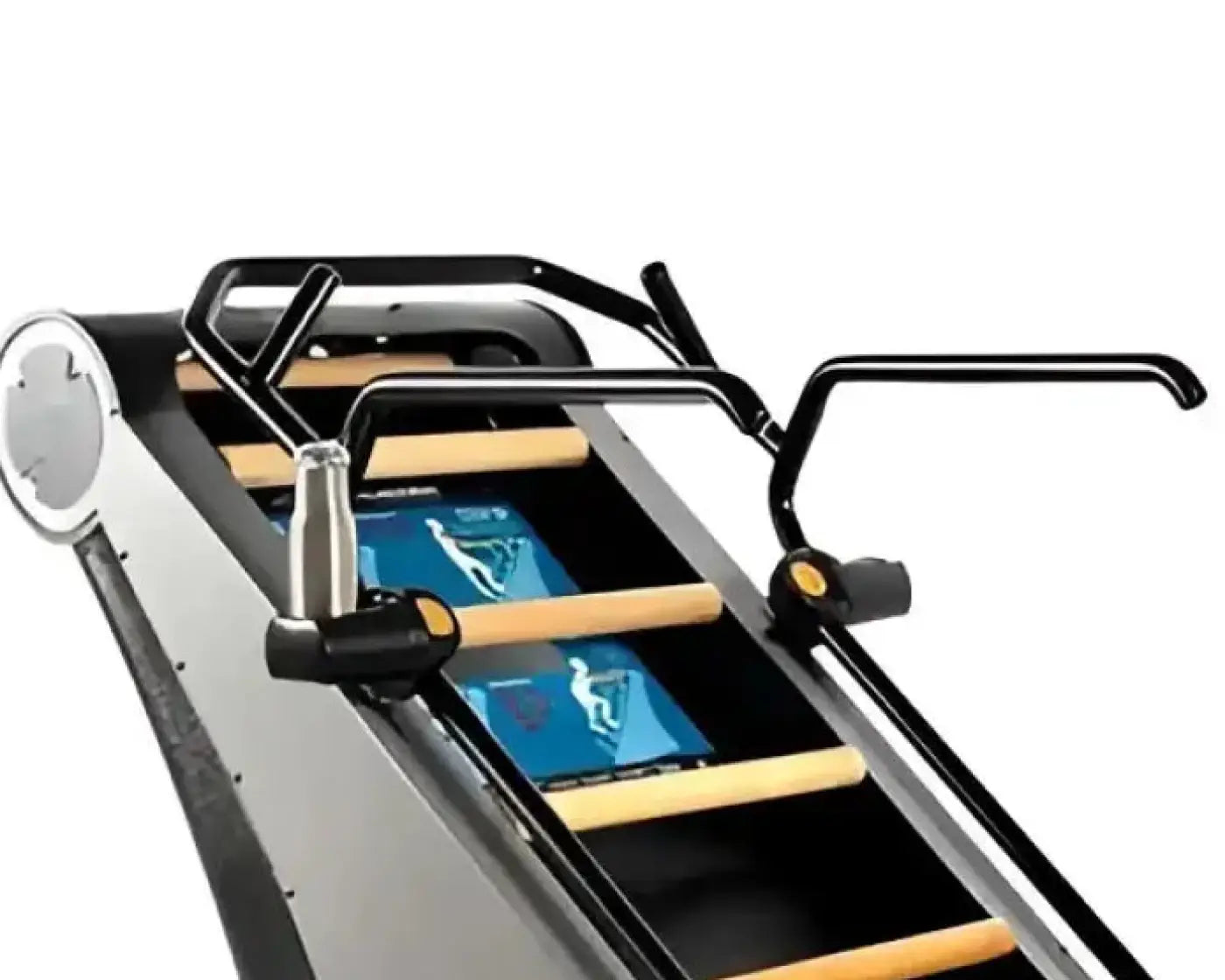 Black and silver StairMaster Jacobs Ladder X treadmill with wooden handrails and digital display showing exercise animations