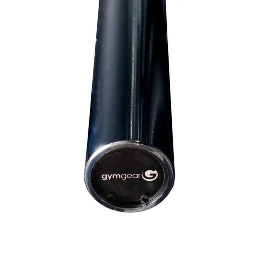 Black cylindrical standard 7ft olympic barbell with silver gymgear end cap for uk delivery