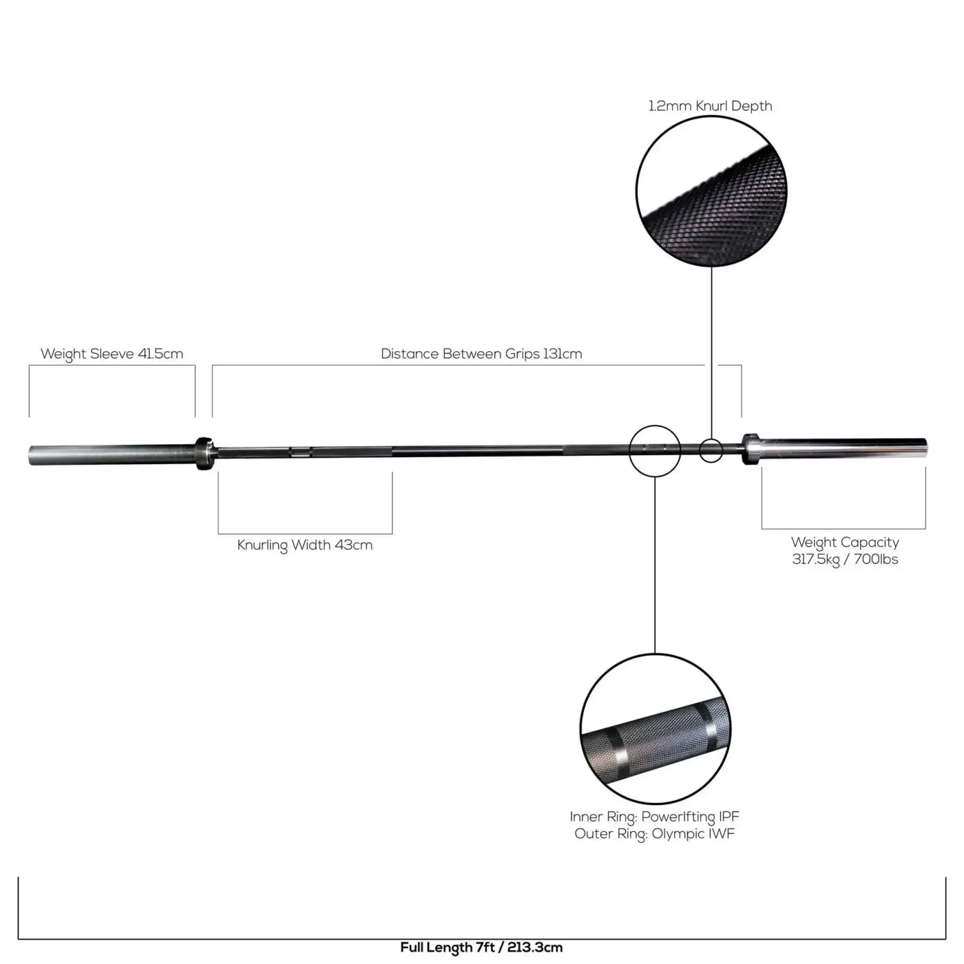 Black knurled 7ft standard olympic bar with chrome sleeves and 700lbs weight capacity for uk delivery