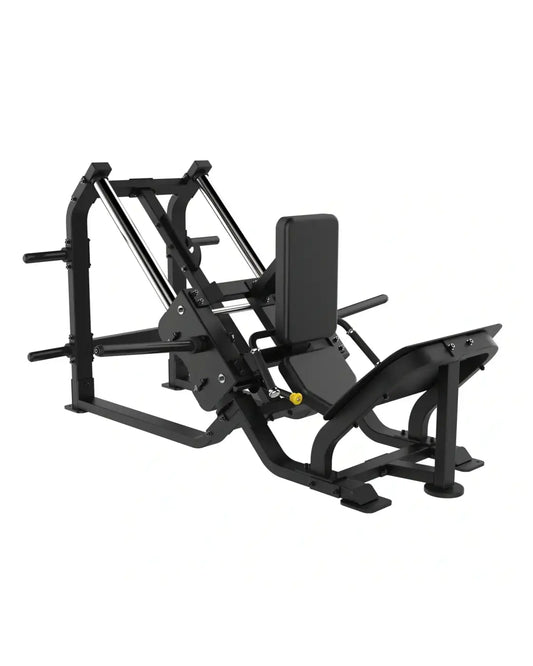 Black metal sterling series 45 degree hack squat machine with padded seat and backrest compact design