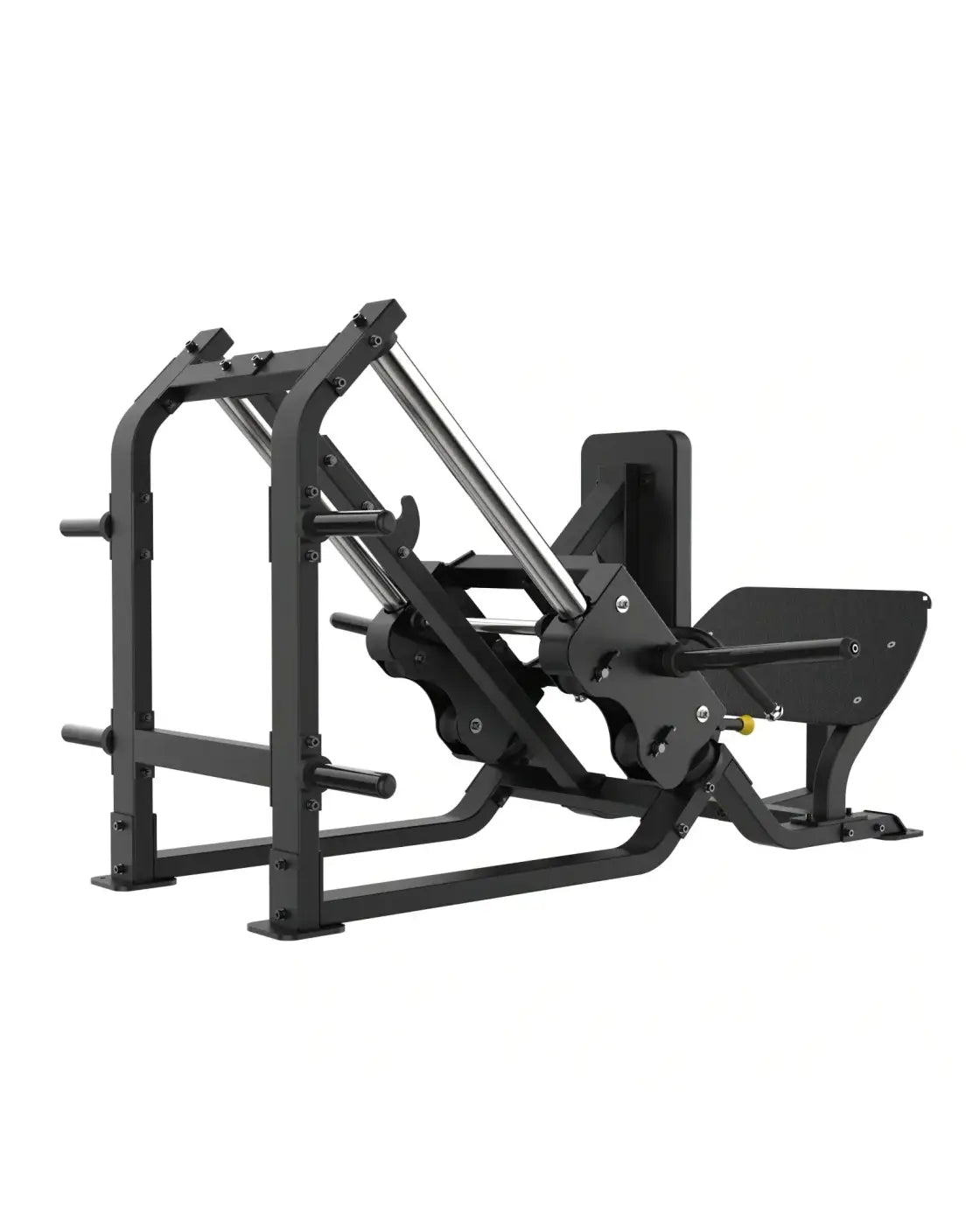Black metal Sterling Series 45 degree hack squat with adjustable weight stack compact design and padded seat