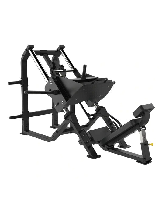 Black metal sterling series 45 degree leg press machine with adjustable foot platform and weight stack for home fitness
