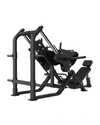 Black metal Sterling Series 45 degree leg press machine with adjustable weight stack and padded seat for home fitness