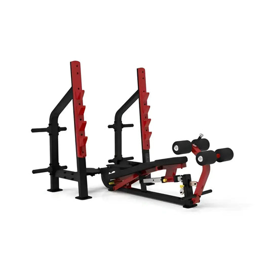 Sterling Series adjustable Olympic bench in red and black with adjustable backrest and leg extension attachments