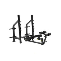 Black adjustable Sterling Series Olympic metal bench with backrest and leg extension attachments for strength training