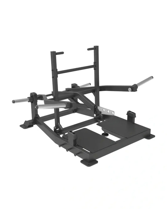 Black metal sterling series belt squat rack with adjustable barbell supports and platform for home fitness use