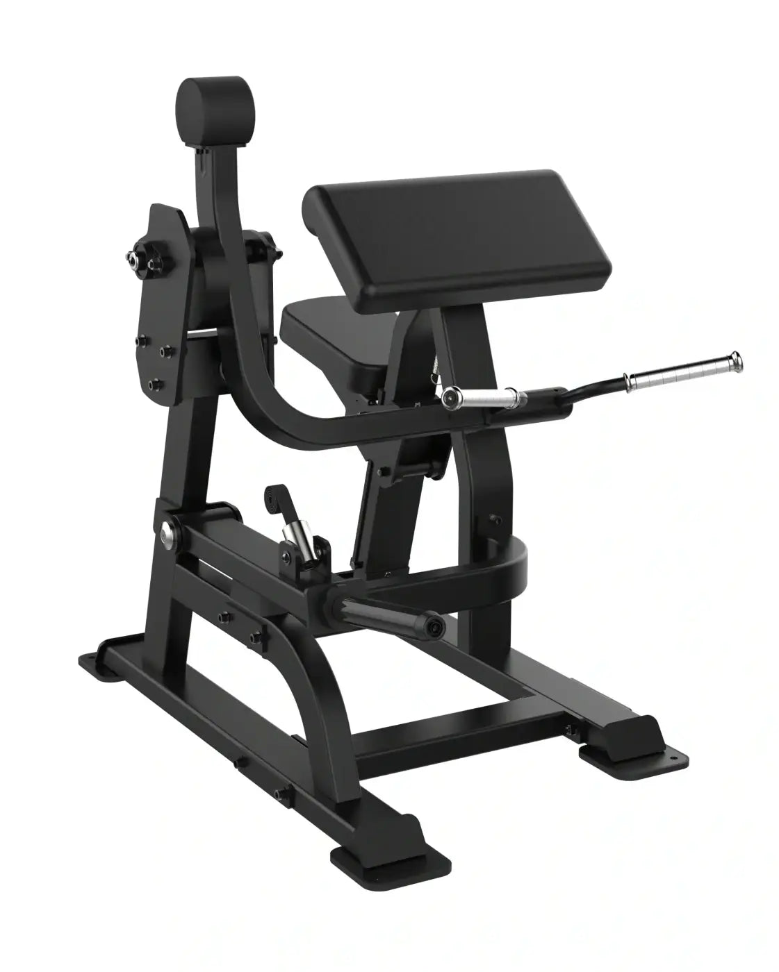 Black metal Sterling Series bicep curl cable crossover machine with padded seat and backrest for home training