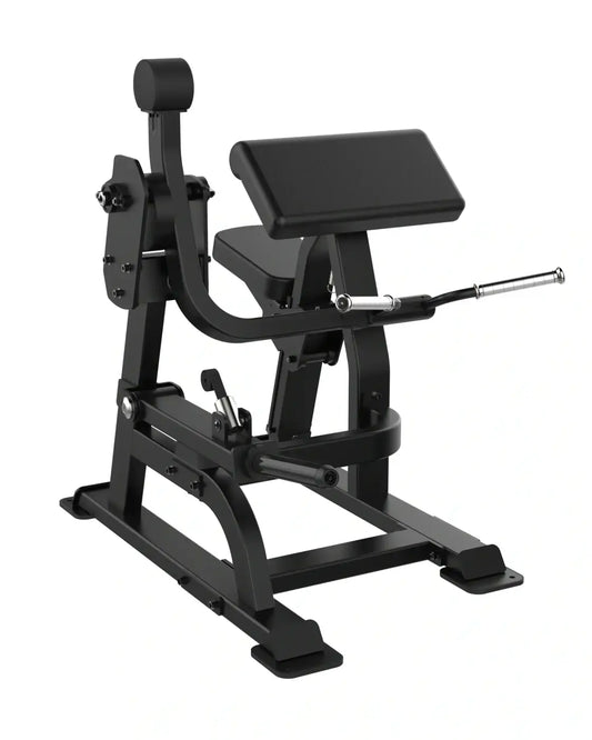 Black metal Sterling Series bicep curl cable crossover machine with padded seat and backrest for home training