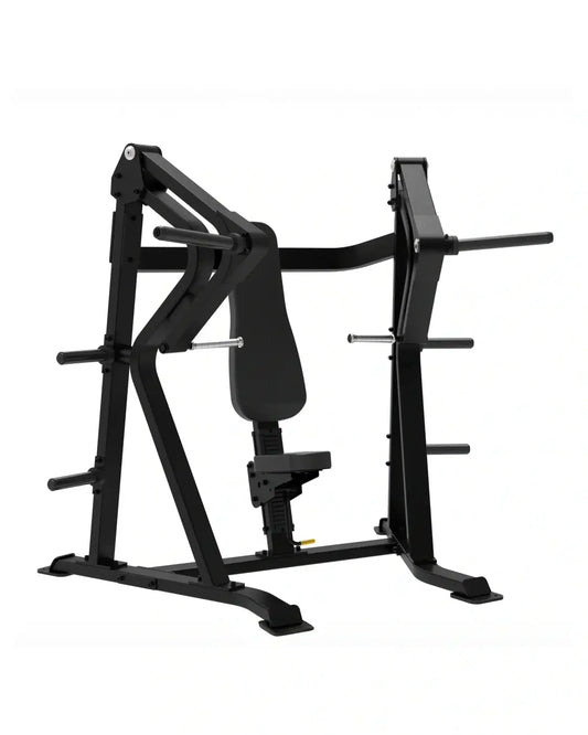 Black metal sterling series incline bench press machine with adjustable weight plates and padded seat for home workout