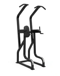 Black metal sterling series chin dip knee raise frame with curved handles and central support bar compact design