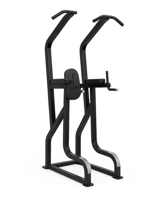 Black metal sterling series chin dip knee raise frame with curved handles and central support bar compact design