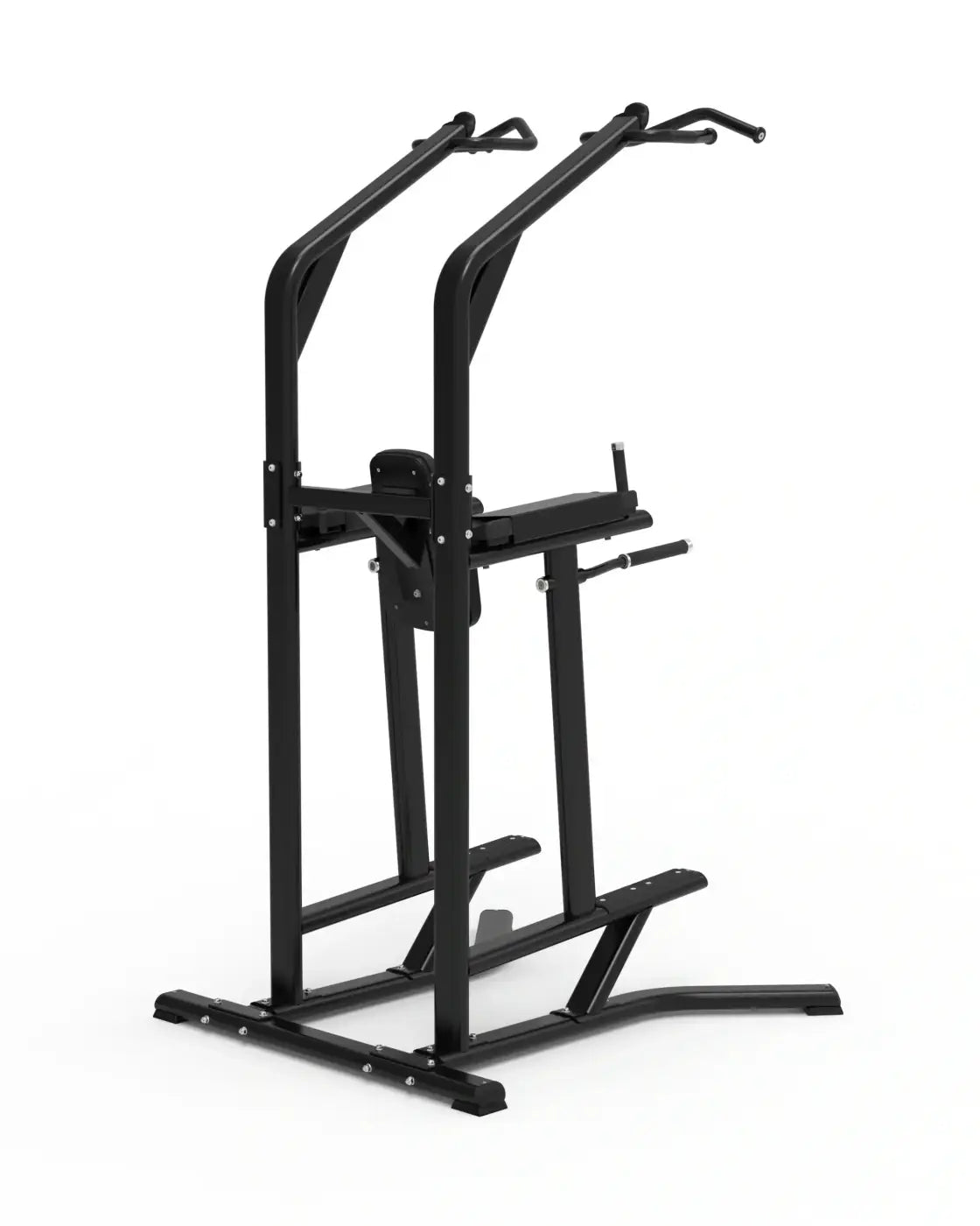 Black metal sterling series chin dip knee raise frame with dual pull-up bars and adjustable bench compact design