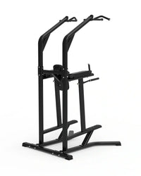 Black metal sterling series chin dip knee raise frame with dual pull-up bars and adjustable bench compact design