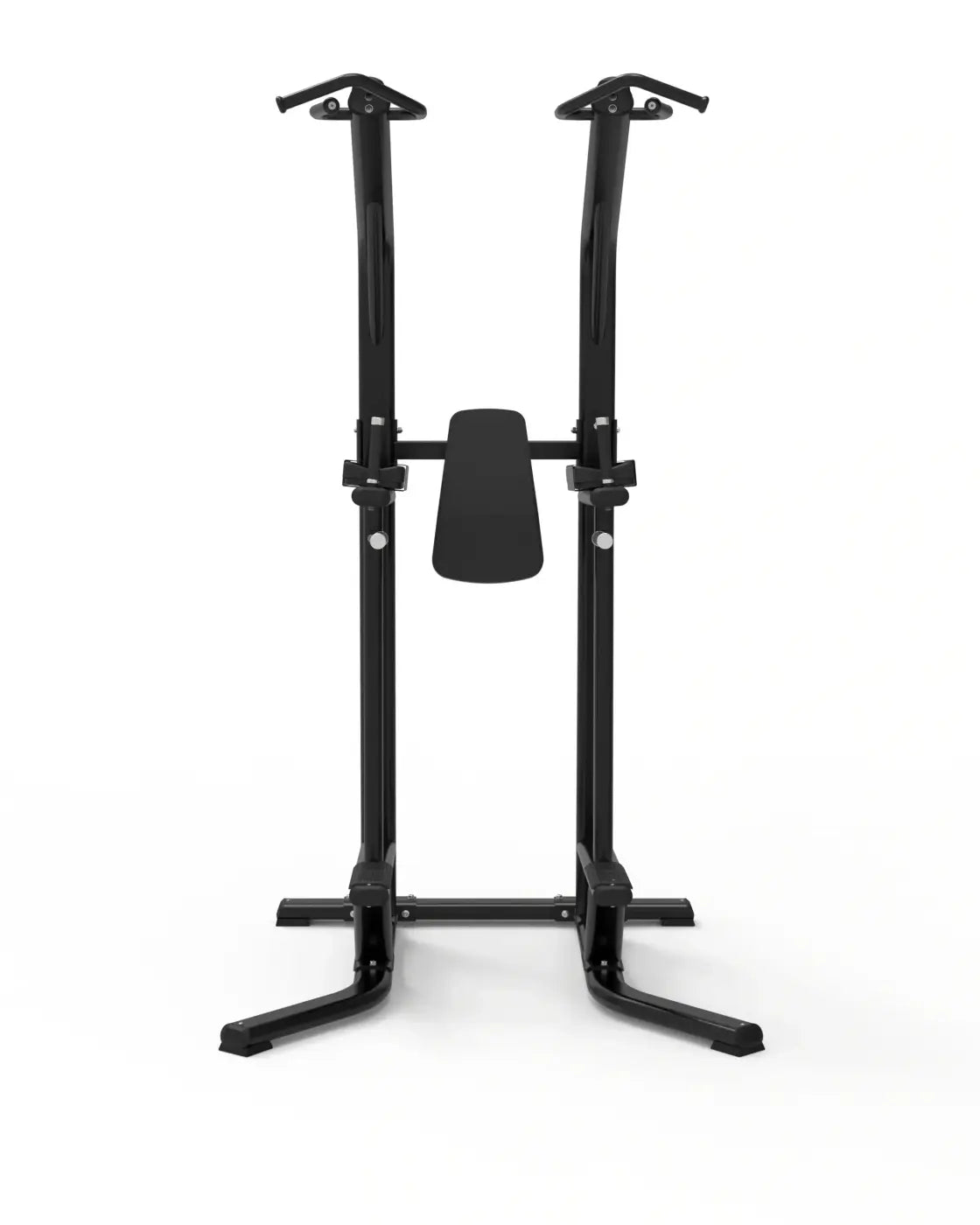 Black metal sterling series chin dip knee raise frame with adjustable height and padded seat for compact workouts