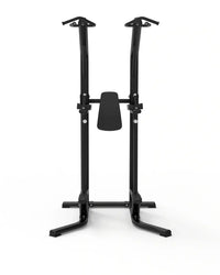 Black metal sterling series chin dip knee raise frame with adjustable height and padded seat for compact workouts