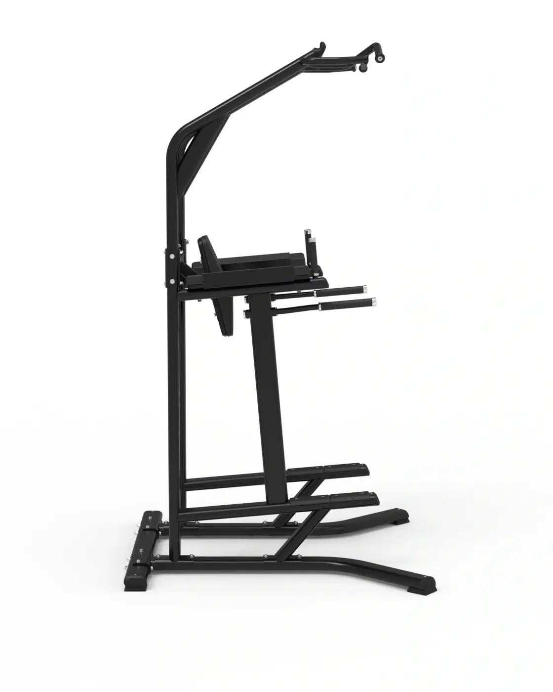 Black metal sterling series chin dip knee raise frame with adjustable height and padded seat for weight training