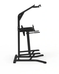 Black metal sterling series chin dip knee raise frame with adjustable height and padded seat for weight training