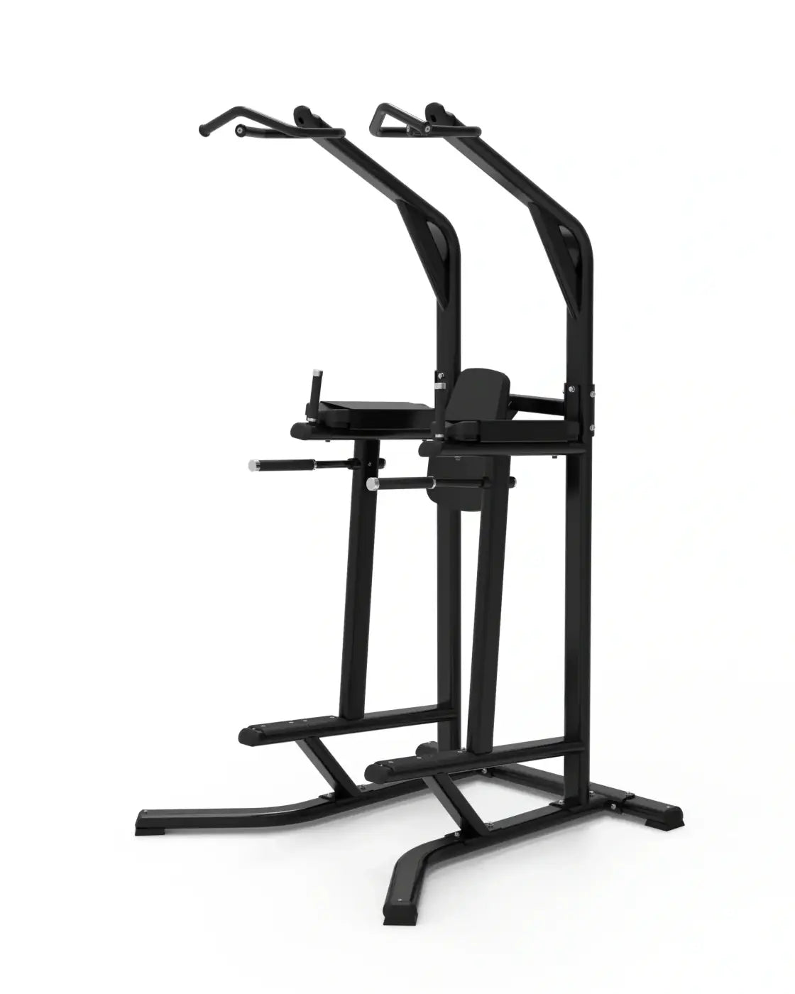 Black metal sterling series chin dip knee raise frame with adjustable height and padded seat in compact design