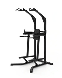 Black metal sterling series chin dip knee raise frame with adjustable height and padded seat in compact design