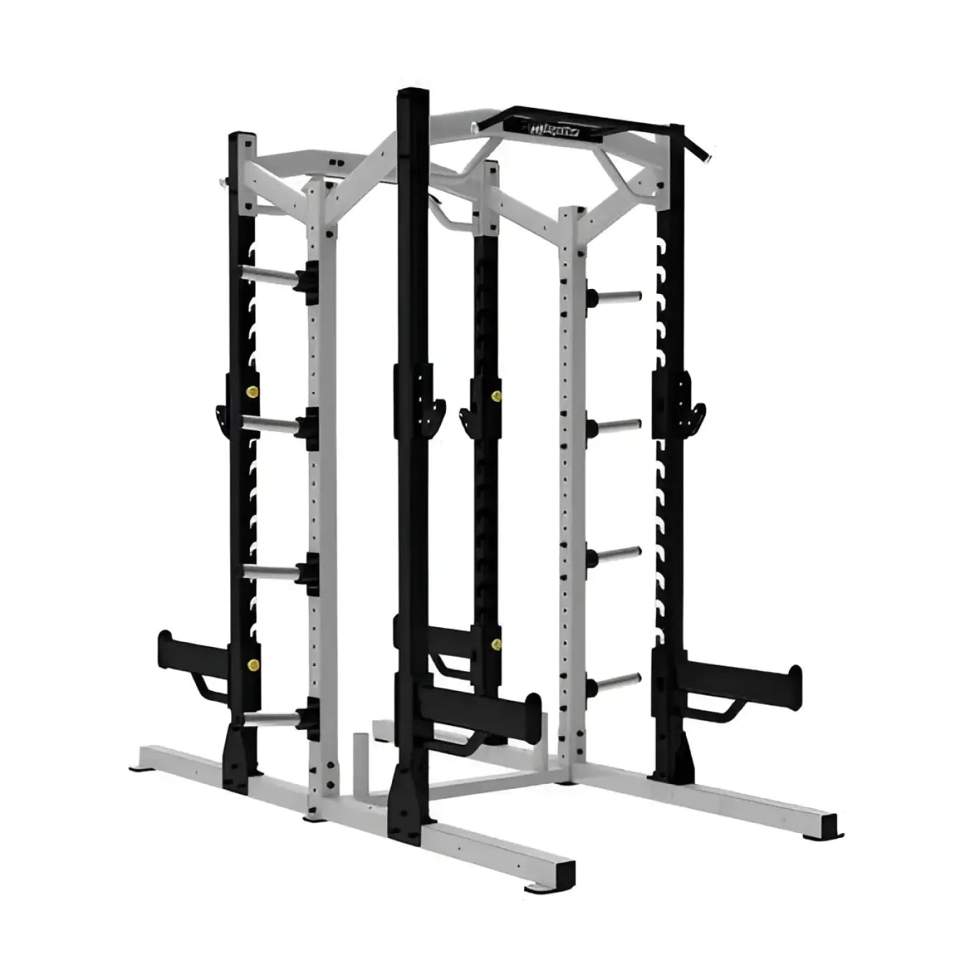 Black and silver Sterling Series Elite double half rack power rack with adjustable safety bars and logo on top bar