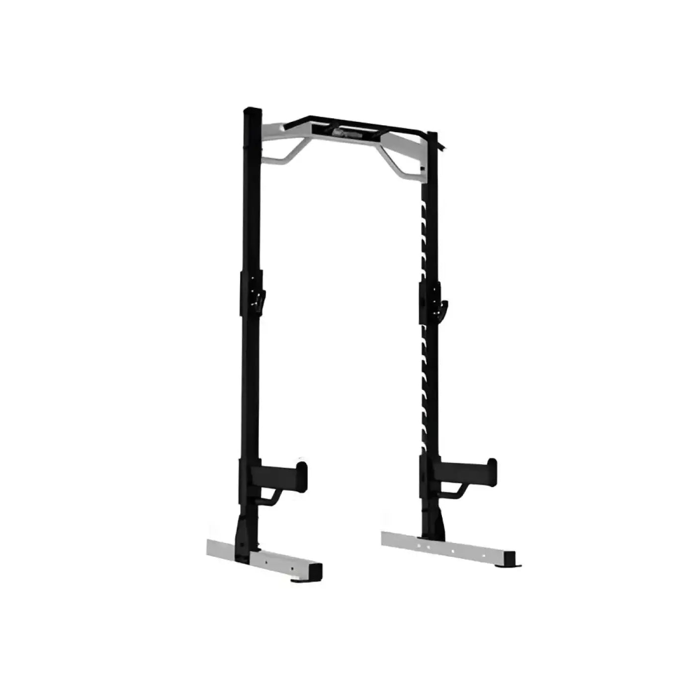 Sterling series elite half rack basic in black and silver with adjustable safety bars and weight plate notches for home gyms