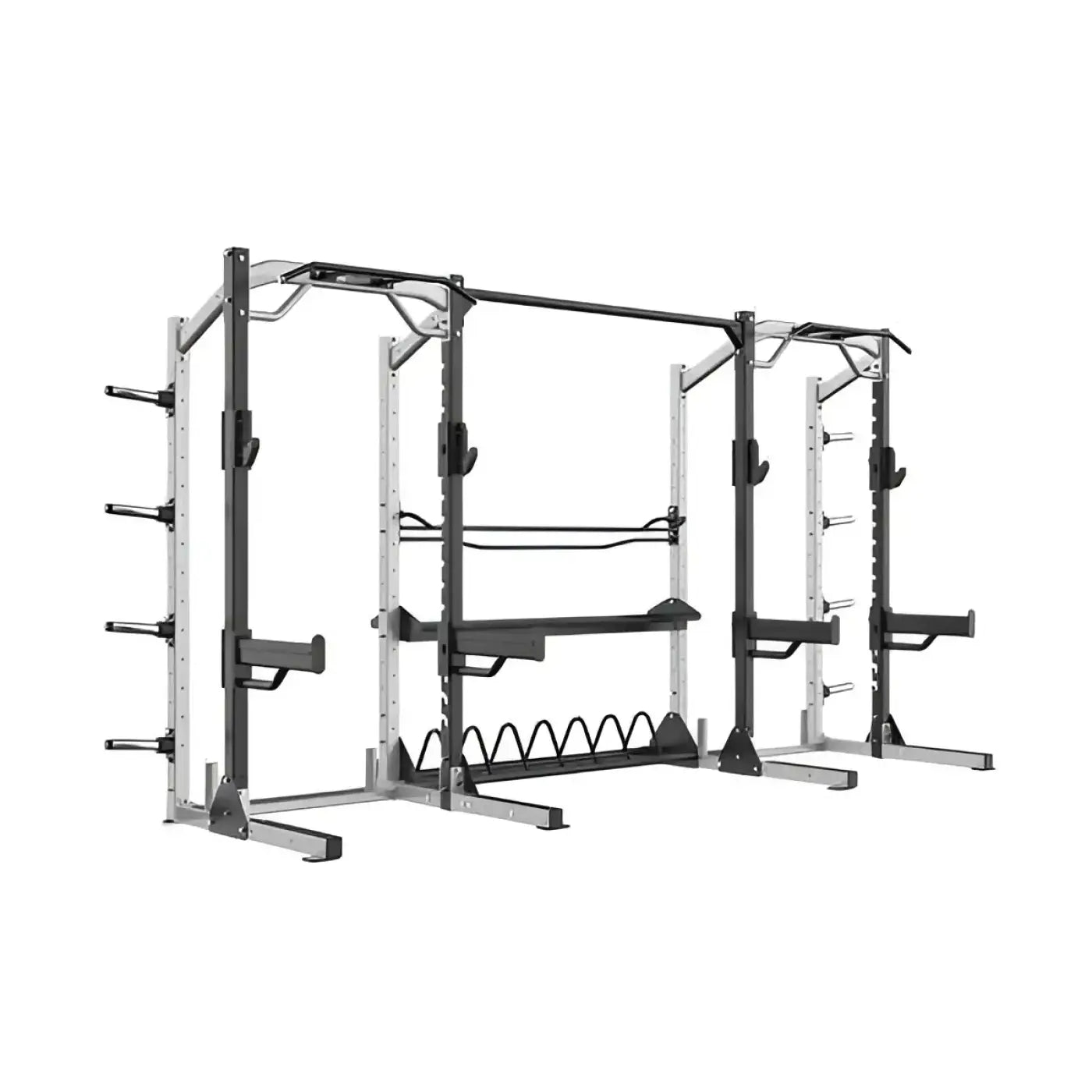 Black and silver metal Sterling Series elite half rack with adjustable safety bars and weight plate holder for home gyms