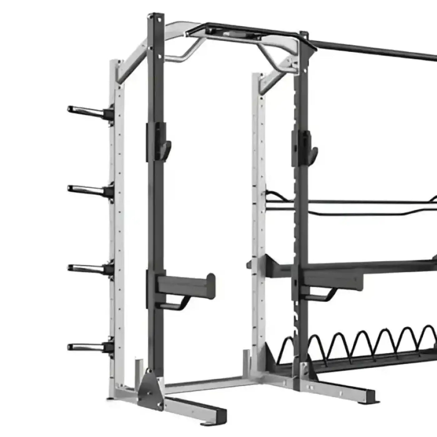 Sterling Series elite half rack in black and silver metal with adjustable safety bars and cable system for home gyms