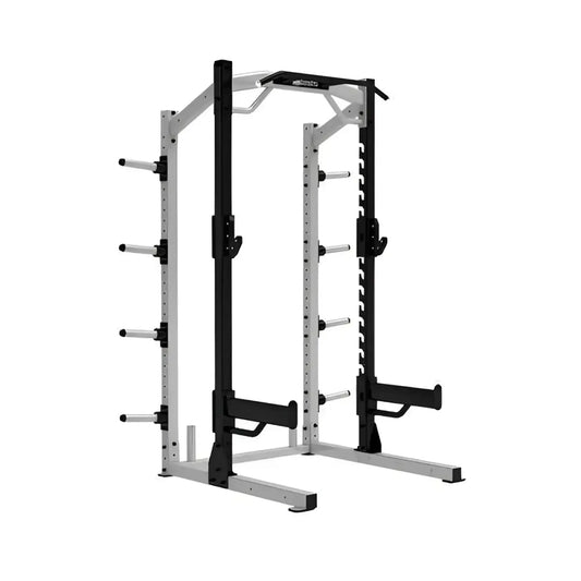 Sterling Series elite half rack home use in black and silver with adjustable horizontal bars and safety features