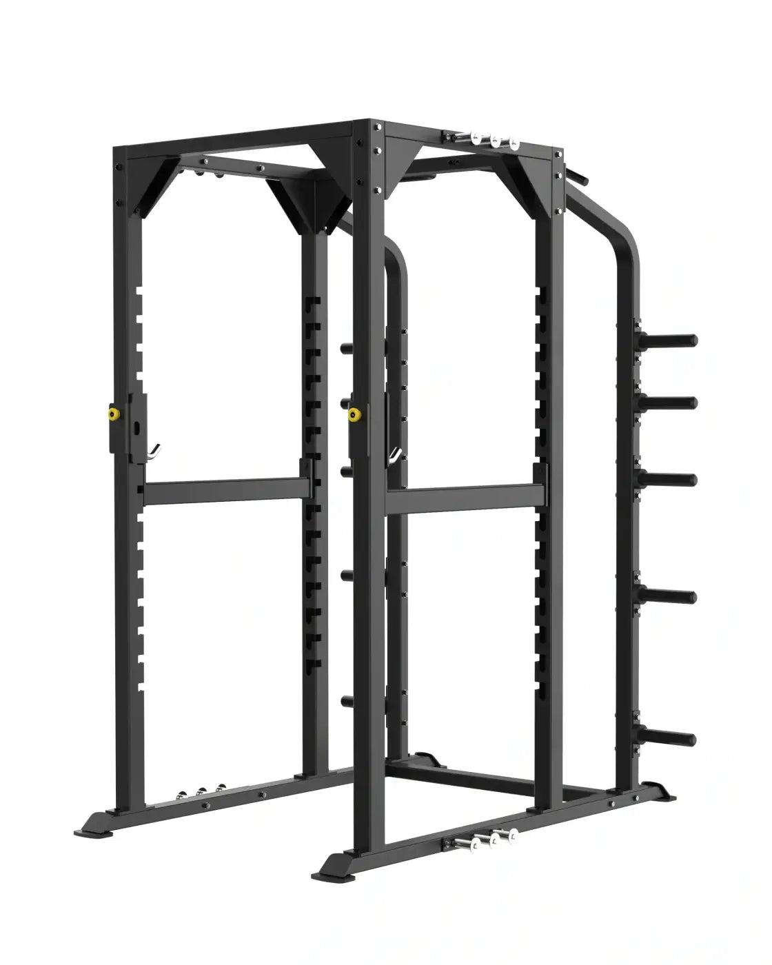 Black metal sterling series full power rack with adjustable height bars and yellow safety pins for home use