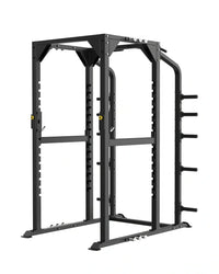 Black metal sterling series full power rack with adjustable height bars and yellow safety pins for home use