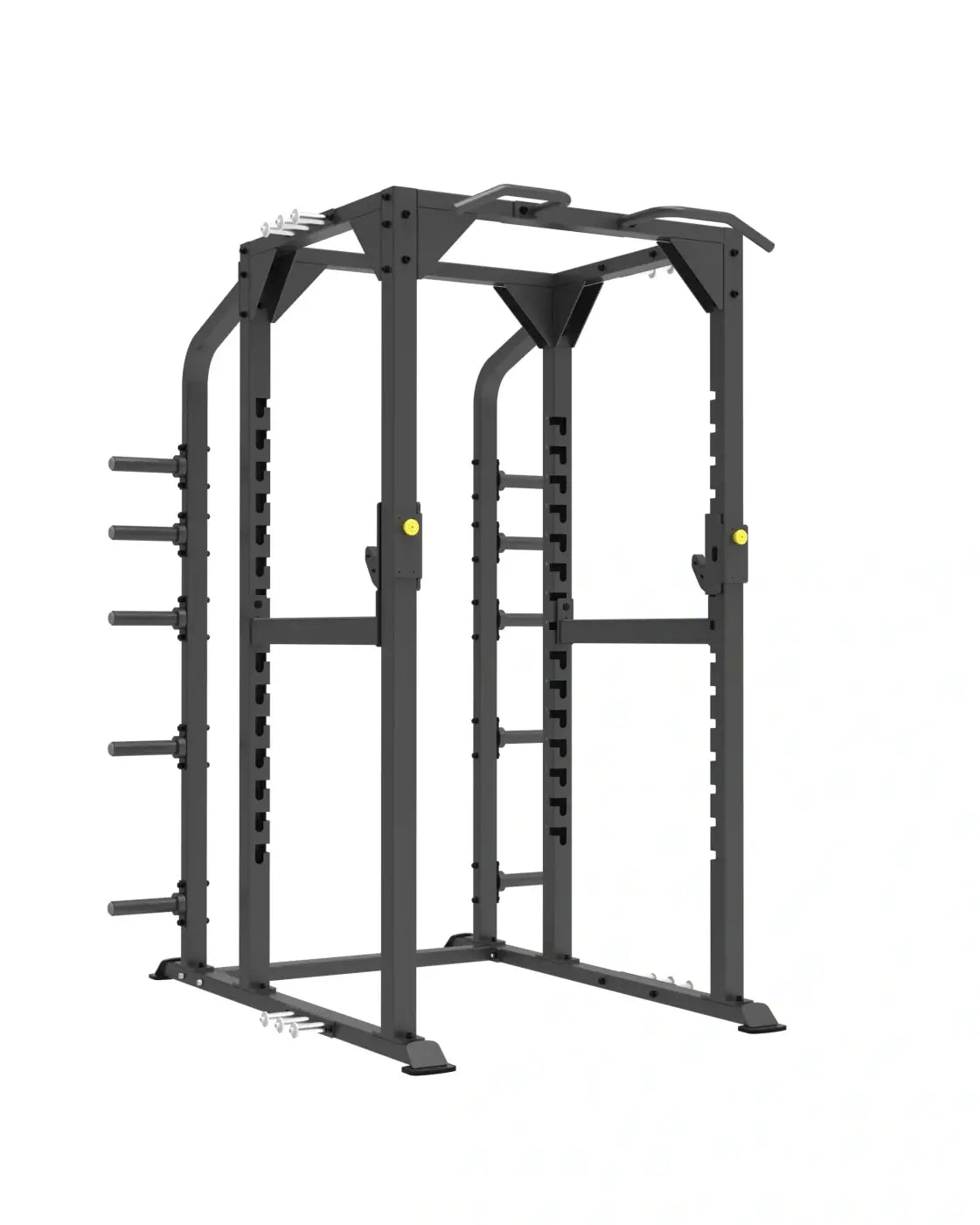 Sterling Series full power rack in black metal with adjustable height bars and yellow safety pins for home use