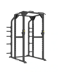 Sterling Series full power rack in black metal with adjustable height bars and yellow safety pins for home use