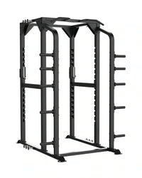 Black metal Sterling Series full power rack with adjustable horizontal bars and safety features for home use