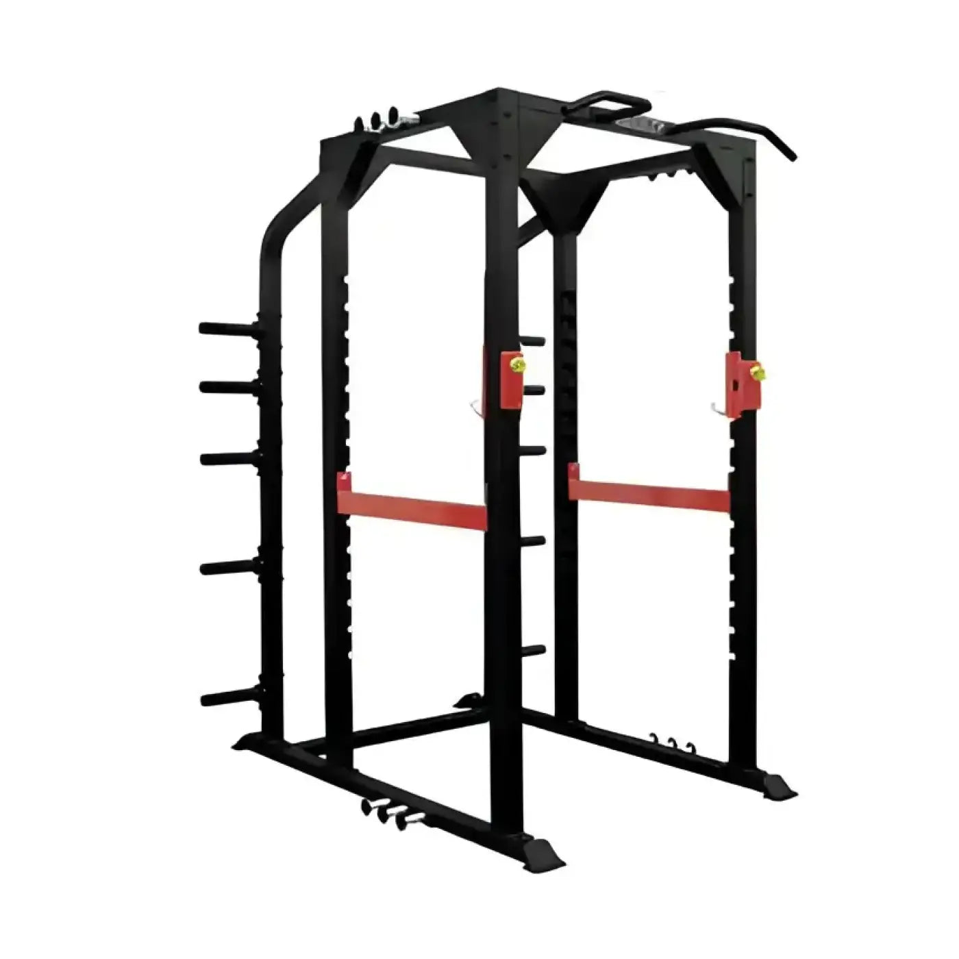 Sterling series full power rack in black and red with adjustable safety bars and weight plate holders for home use