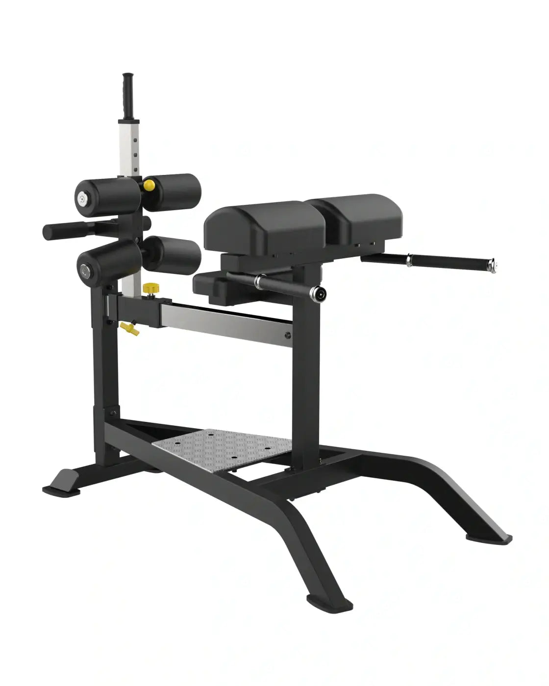 Black metal sterling series glute ham bench with adjustable weight plates and padded seating for uk delivery