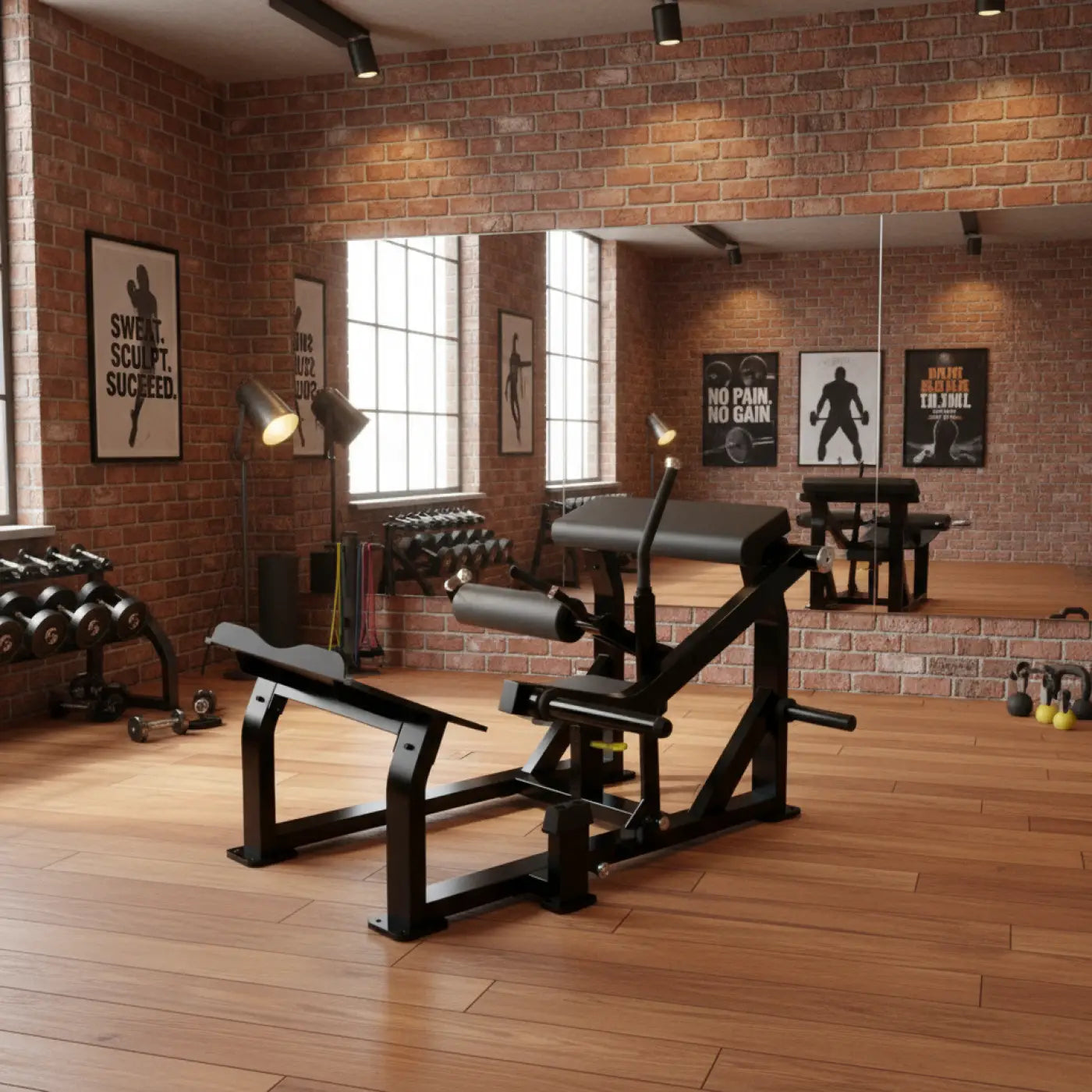 Black metal hip thrust glute builder with adjustable padded seat and backrest in compact Sterling Series design