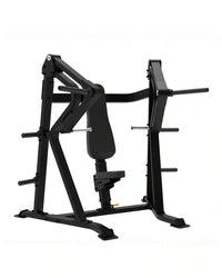 Black metal Sterling Series incline chest press machine with adjustable weight plates and padded seat for home workout